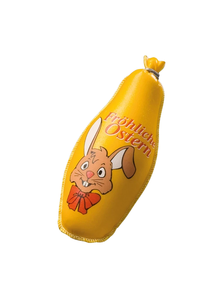 Emballage du produit Frecher Osterhase gelb genäht für ca. 250 Gramm LINNEXHÜLLE